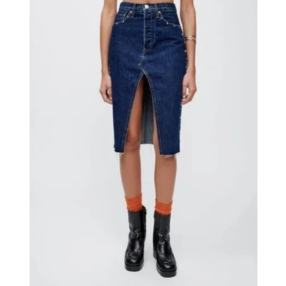 NEW! RE/DONE Sz 26 Midi Denim Skirt Heritage Rinse Stud Blue Jean $395 msrp I9-6 - Picture 1 of 10